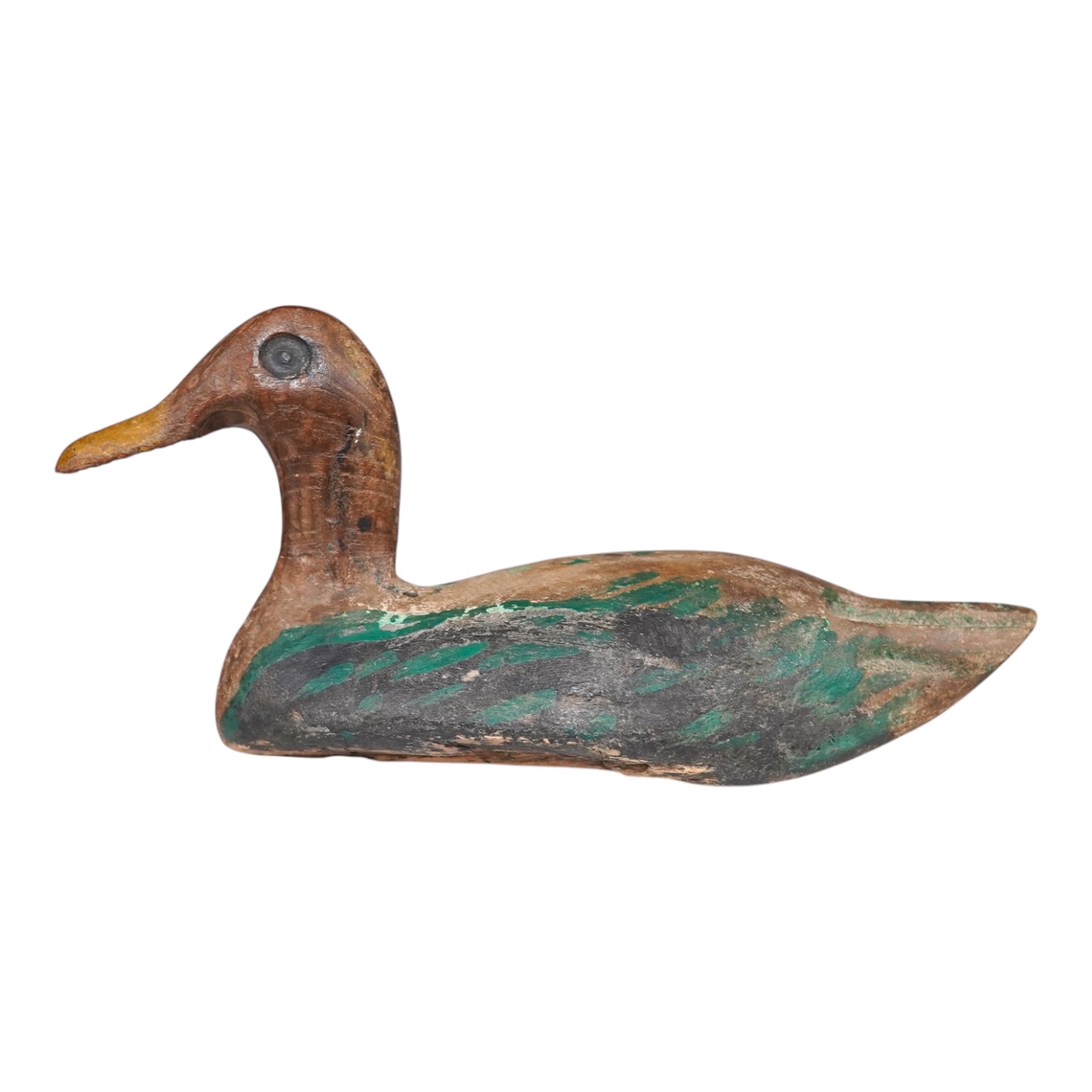 A 19th century painted decoy duck, 31cm long. Condition - worn